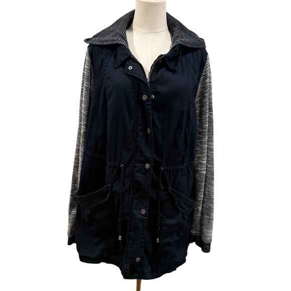 Torrid Navy Blue Utility Jacket Knit Sleeves Hooded Women 2 Outerwear Comfy Fall - Picture 1 of 10